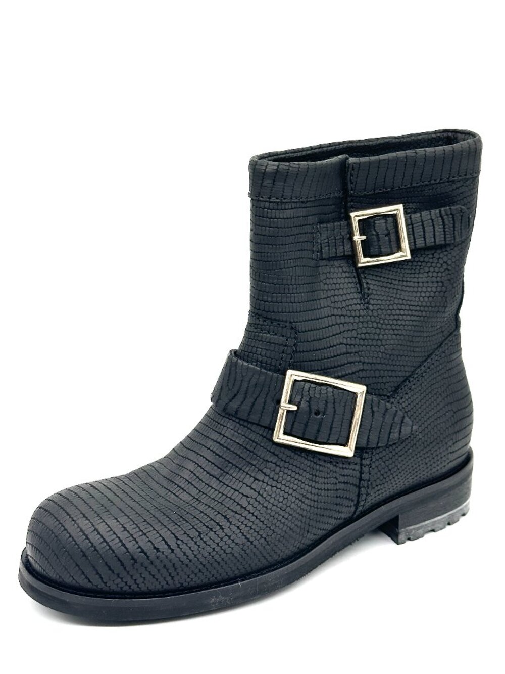 Jimmy Choo YOUTH Lizard Embossed Leather Buckled Flat Moto Biker Boots